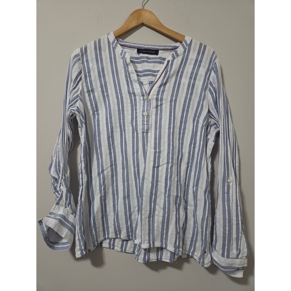 Tommy Hilfiger Blue White Striped Eyelet Lace Henley Long Sleeve Blouse Top